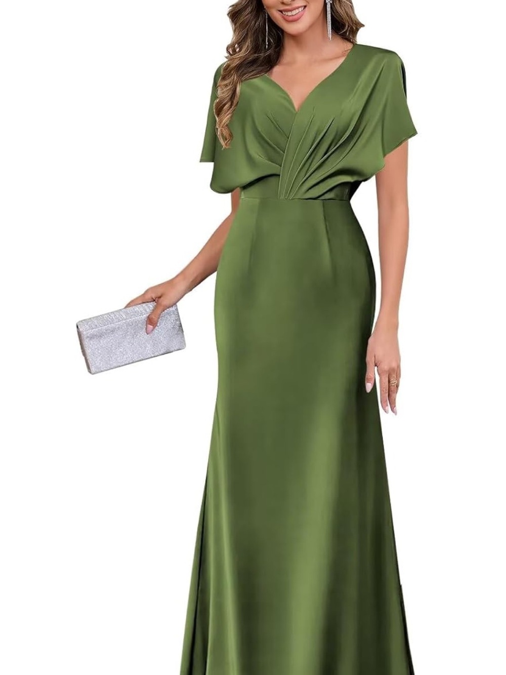 Olive Green V-Neck Maxi Dress with Draped Bodice